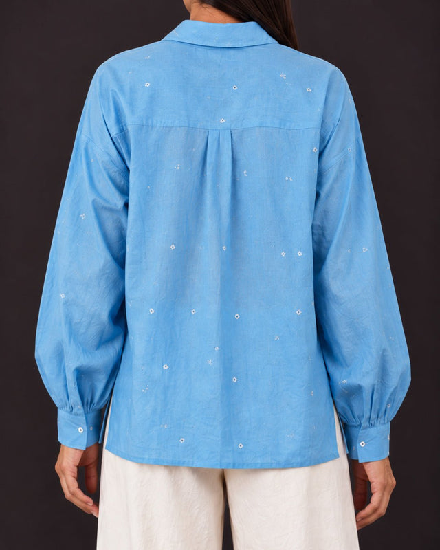 Core Light Indigo Diamond Motif Handwoven Cotton Shirt - Shirt - Mizyana