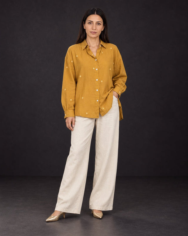 Core Marigold Jamdani Handwoven Cotton Shirt - Shirt - Mizyana