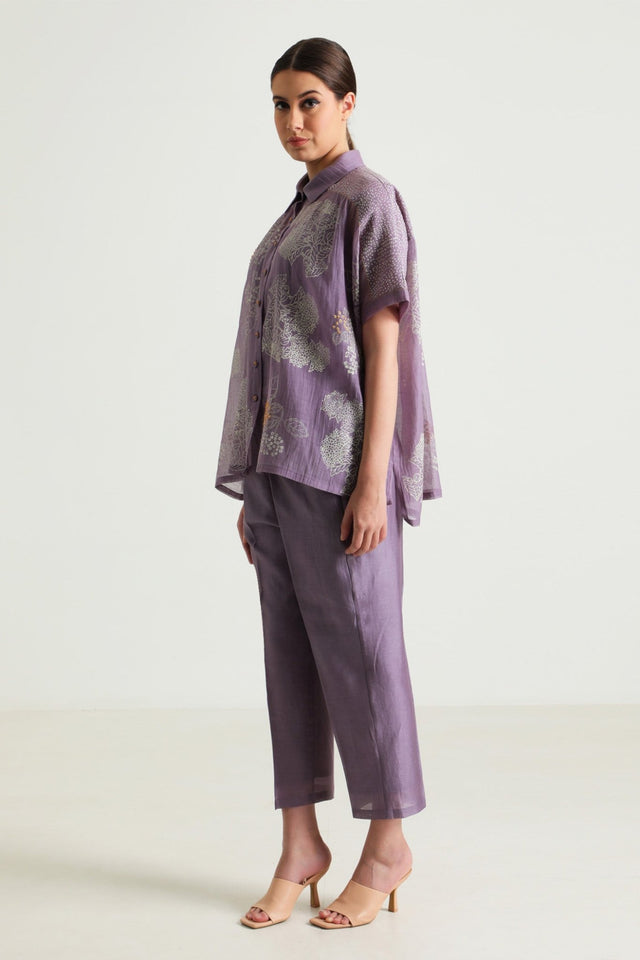 Cotton Chanderi Printed Shirt with Embroidery and Straight Pant in Silk Chanderi - Tunic - Mizyana