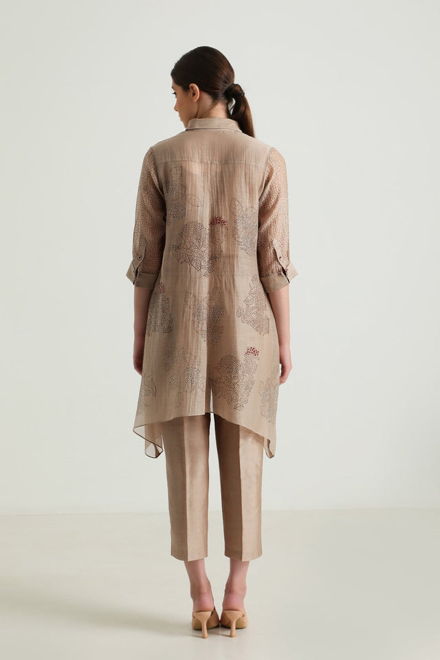 Cotton Chanderi Shirt with Embroidery and Straight Pant in Silk Chander - Two-Piece Set - Mizyana