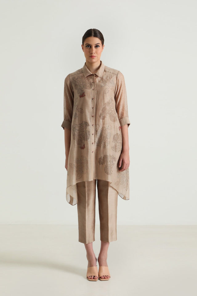 Cotton Chanderi Shirt with Embroidery and Straight Pant in Silk Chander - Two-Piece Set - Mizyana