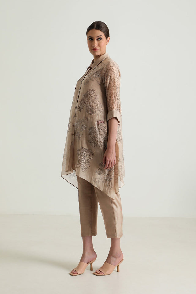 Cotton Chanderi Shirt with Embroidery and Straight Pant in Silk Chander - Two-Piece Set - Mizyana