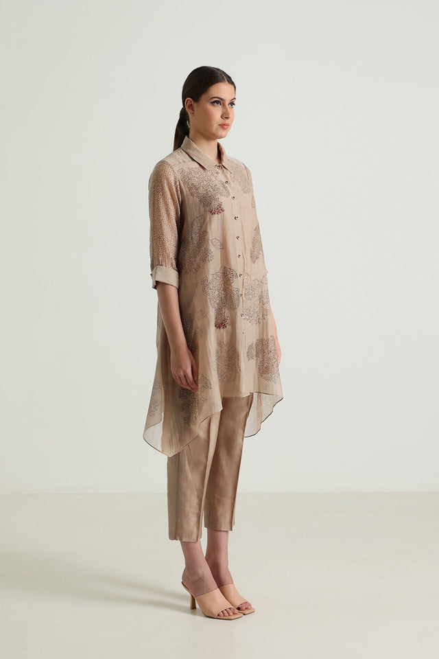 Cotton Chanderi Shirt with Embroidery and Straight Pant in Silk Chander - Two-Piece Set - Mizyana