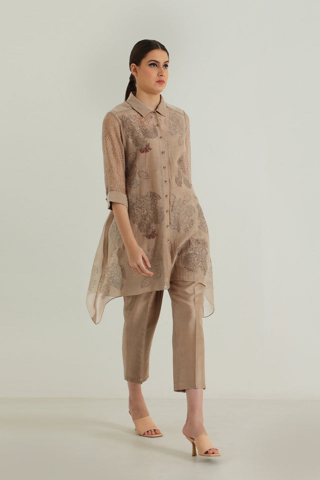 Cotton Chanderi Shirt with Embroidery and Straight Pant in Silk Chander - Two-Piece Set - Mizyana