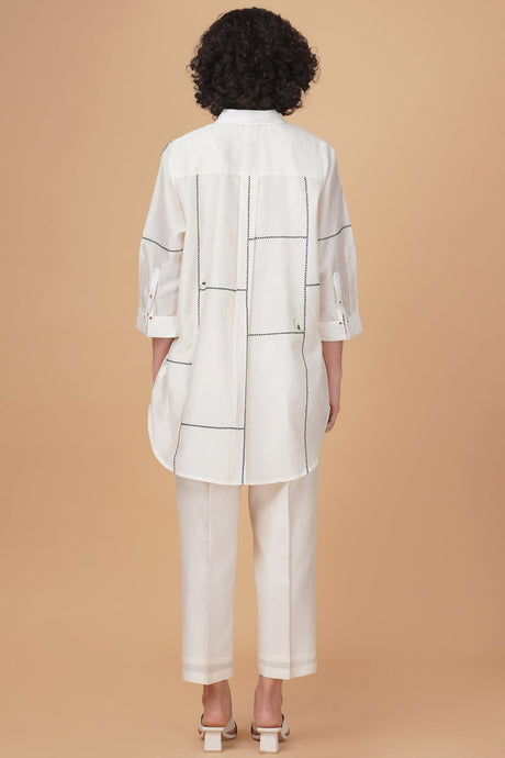Ivory cross stitch embroidery shirt and straight pant set, full length back view