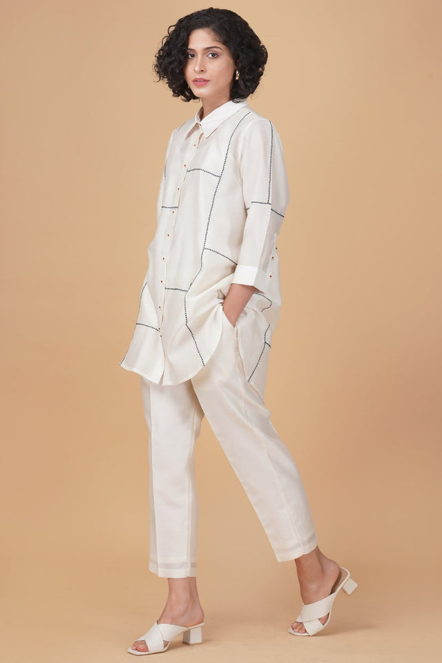 Cross stitch embroidery shirt in silk chanderi and straight pant in silk chanderi - Two-Piece Set - Mizyana