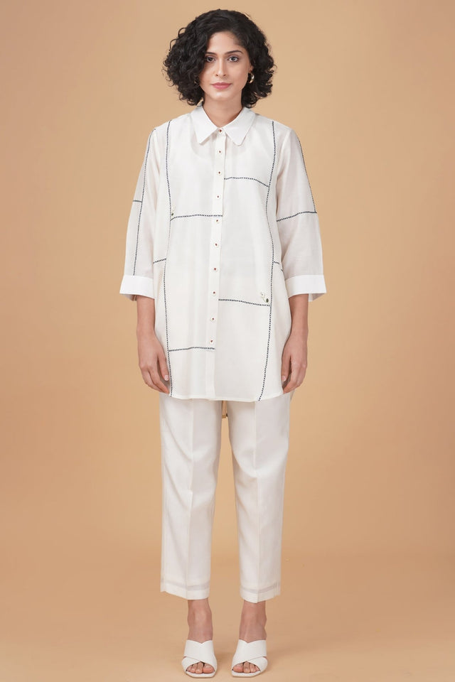 Cross stitch embroidery shirt in silk chanderi and straight pant in silk chanderi - Two-Piece Set - Mizyana