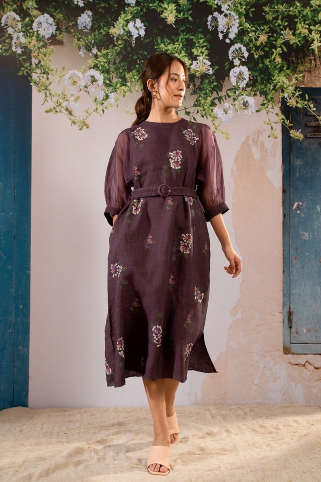 Dahlia Print Dress With Puff Sleeves In Linen - Dress - Mizyana