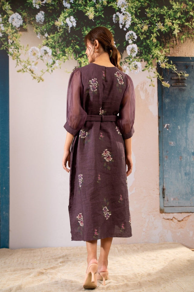 Dahlia Print Dress With Puff Sleeves In Linen - Dress - Mizyana