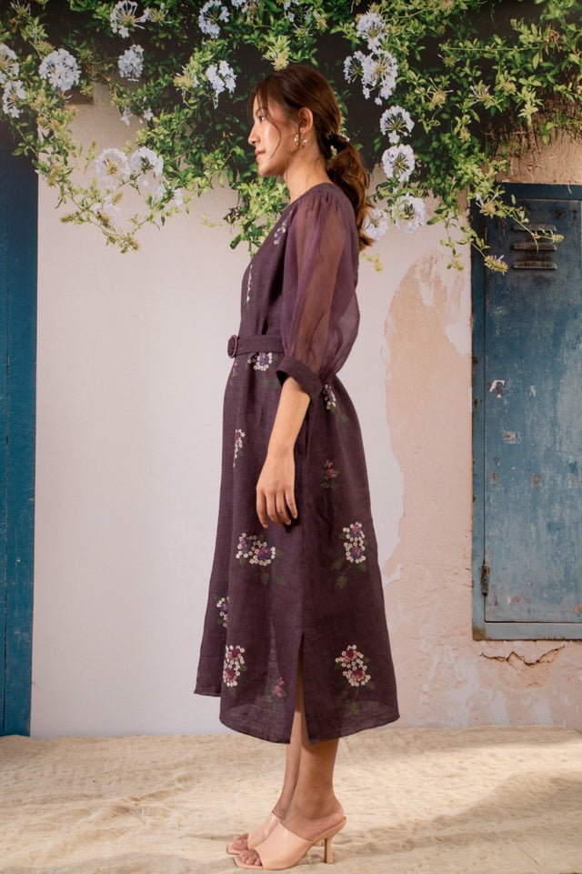 Dahlia Print Dress With Puff Sleeves In Linen - Dress - Mizyana