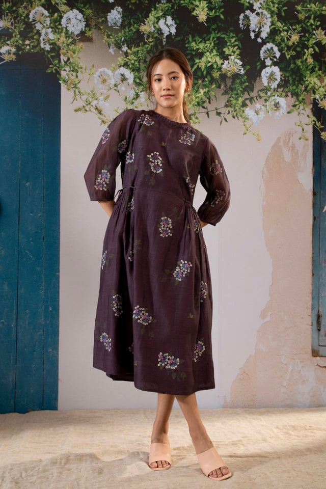 Dahlia Print Dress With Side Strings In Chanderi - Dress - Mizyana