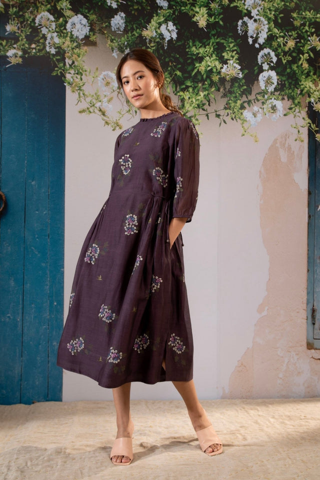 Dahlia Print Dress With Side Strings In Chanderi - Dress - Mizyana