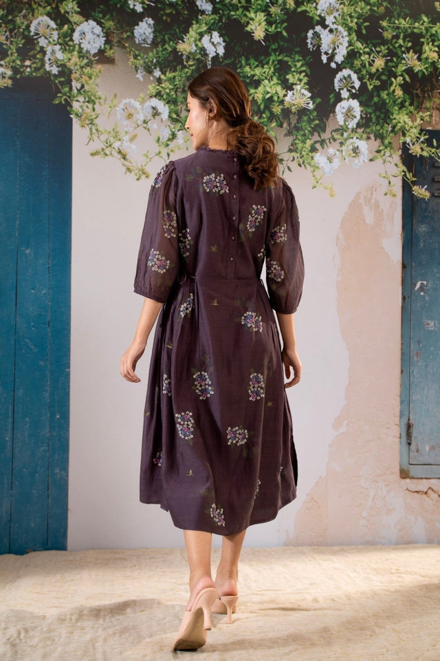 Dahlia Print Dress With Side Strings In Chanderi - Dress - Mizyana