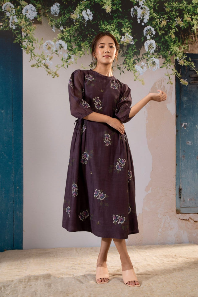 Dahlia Print Dress With Side Strings In Chanderi - Dress - Mizyana