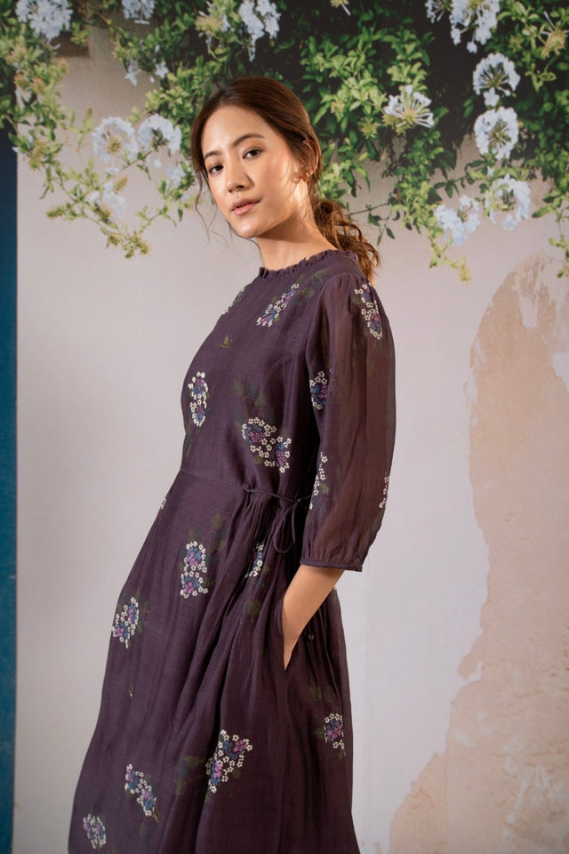 Dahlia Print Dress With Side Strings In Chanderi - Dress - Mizyana