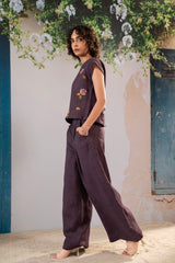 Dahlia Print Embroidered Top And Pant Set In Linen - Dress - Mizyana