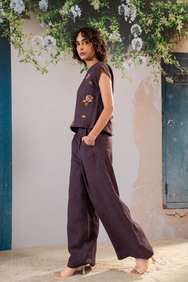Dahlia Print Embroidered Top And Pant Set In Linen - Dress - Mizyana