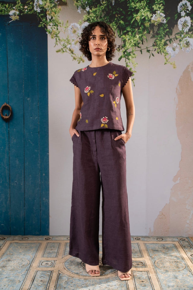 Dahlia Print Embroidered Top And Pant Set In Linen - Dress - Mizyana