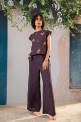 Dahlia Print Embroidered Top And Pant Set In Linen - Dress - Mizyana
