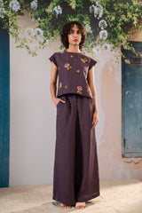 Dahlia Print Embroidered Top And Pant Set In Linen - Dress - Mizyana