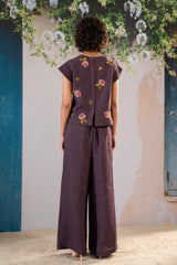 Dahlia Print Embroidered Top And Pant Set In Linen - Dress - Mizyana