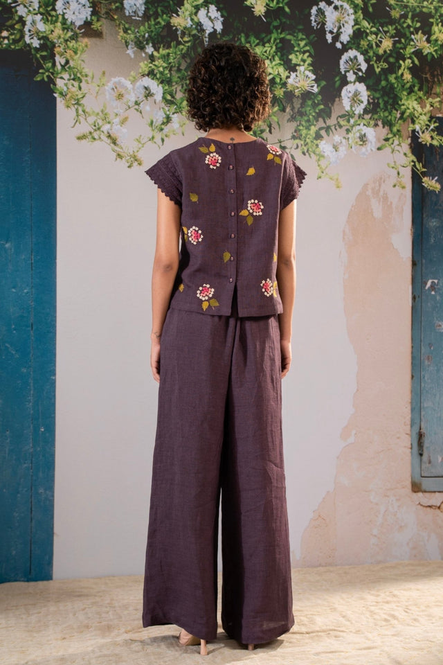Dahlia Print Embroidered Top And Pant Set In Linen - Dress - Mizyana