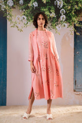 Dahlia Print Gathered Dress And Organza Jacket Set In Chanderi And Organza - Two-Piece Set - Mizyana
