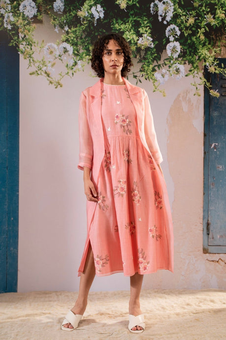 Dahlia Print Gathered Dress And Organza Jacket Set by ARCVSH by Pallavi Singh in pink with floral print, front view