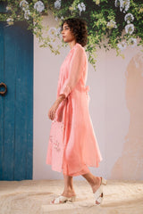 Dahlia Print Gathered Dress And Organza Jacket Set In Chanderi And Organza - Two-Piece Set - Mizyana