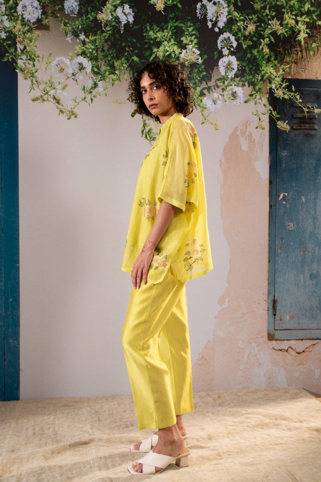 Dahlia Print Kaftan Top And Pant Set In Chanderi - Two-Piece Set - Mizyana