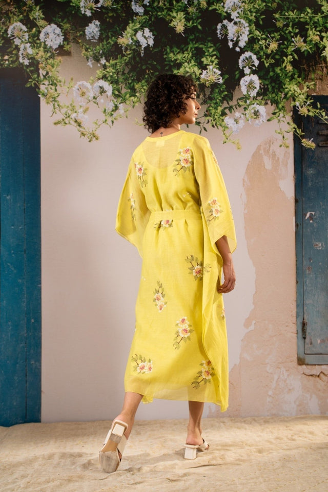 Dahlia Print Long Kaftan In Chanderi - Kaftan - Mizyana