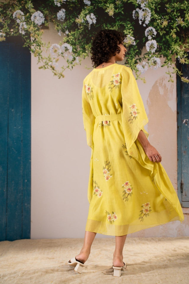 Dahlia Print Long Kaftan In Chanderi - Kaftan - Mizyana