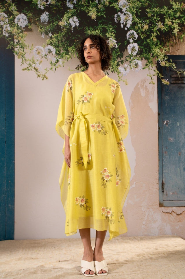 Dahlia Print Long Kaftan In Chanderi - Kaftan - Mizyana