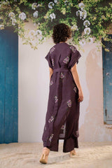 Dahlia Print Long Top And Flare Pant Set In Linen - Two-Piece Set - Mizyana