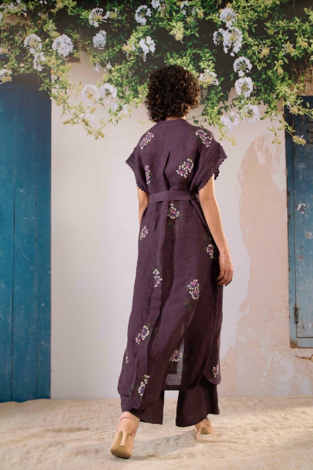 Dahlia Print Long Top And Flare Pant Set In Linen - Two-Piece Set - Mizyana