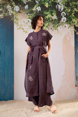 Dahlia Print Long Top And Flare Pant Set In Linen - Two-Piece Set - Mizyana