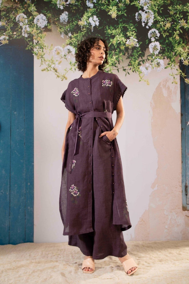 Dahlia Print Long Top And Flare Pant Set In Linen - Two-Piece Set - Mizyana