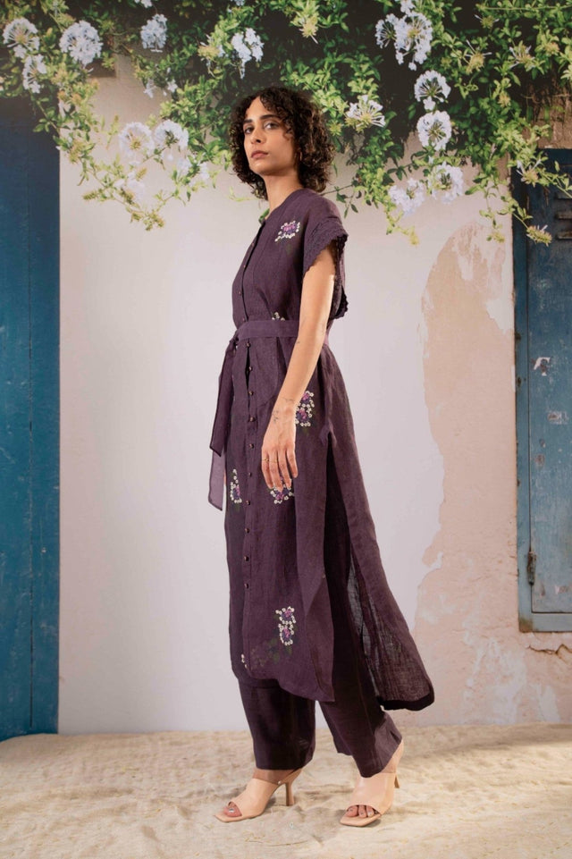 Dahlia Print Long Top And Flare Pant Set In Linen - Two-Piece Set - Mizyana