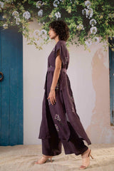 Dahlia Print Long Top And Flare Pant Set In Linen - Two-Piece Set - Mizyana