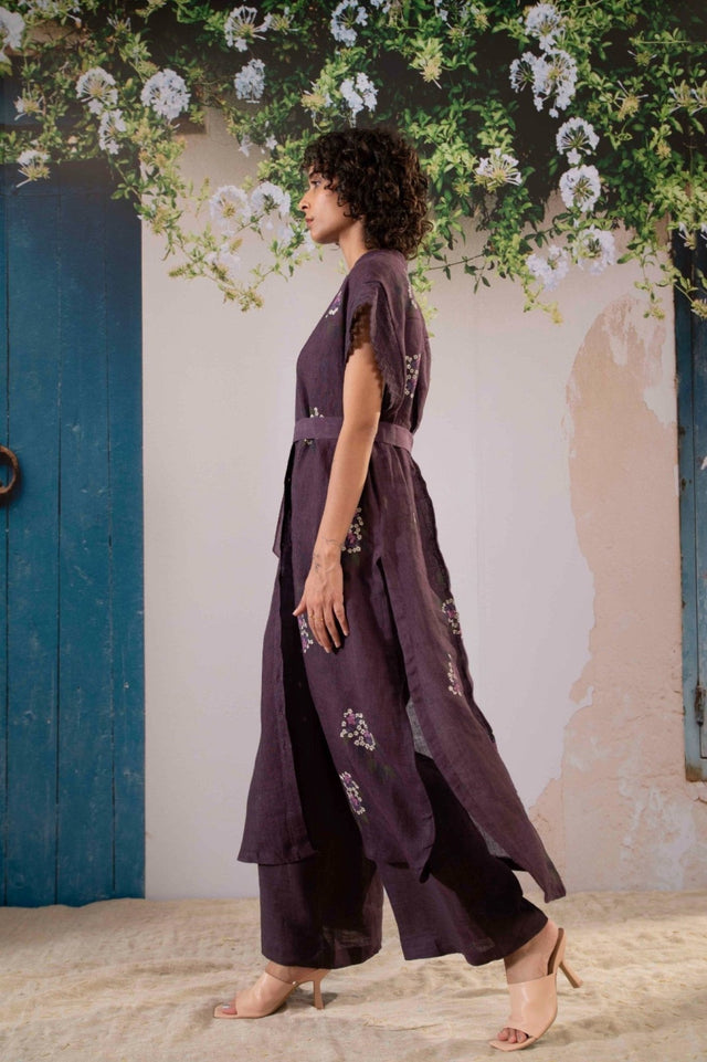 Dahlia Print Long Top And Flare Pant Set In Linen - Two-Piece Set - Mizyana