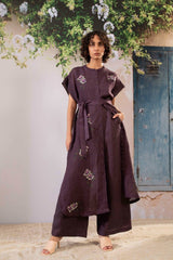 Dahlia Print Long Top And Flare Pant Set In Linen - Two-Piece Set - Mizyana