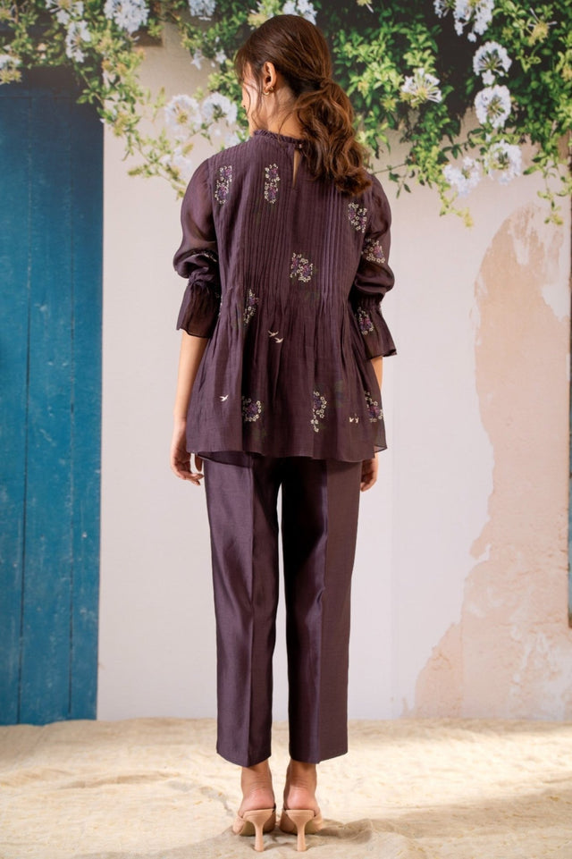 Dahlia Print Pin Tucked Top And Pant Set In Chanderi - Two-Piece Set - Mizyana