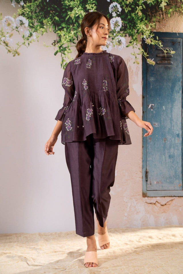 Dahlia Print Pin Tucked Top And Pant Set In Chanderi - Two-Piece Set - Mizyana