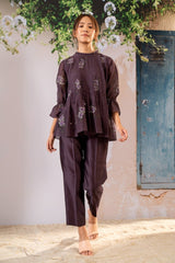 Dahlia Print Pin Tucked Top And Pant Set In Chanderi - Two-Piece Set - Mizyana