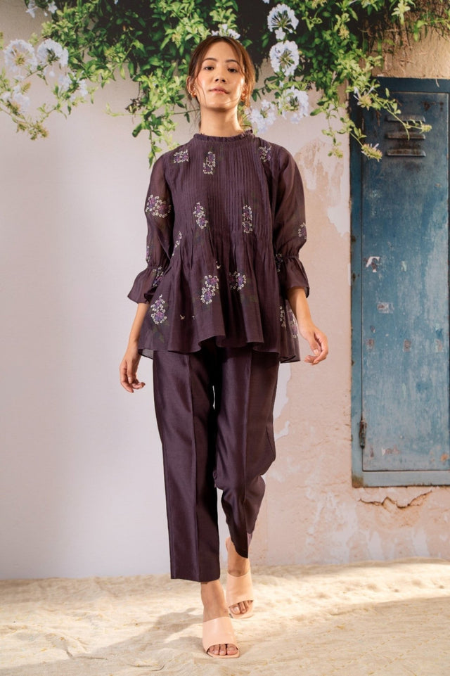 Dahlia Print Pin Tucked Top And Pant Set In Chanderi - Two-Piece Set - Mizyana