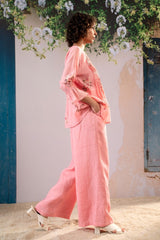 Dahlia Print Pleated Top And Flare Pant Set In Pure Chanderi And Linen - Two-Piece Set - Mizyana
