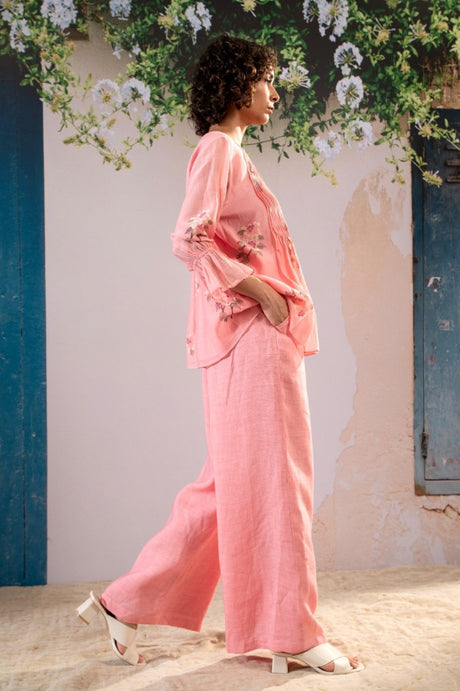 Pink Dahlia Print Pleated Top And Flare Pant Set with bell sleeves, side view