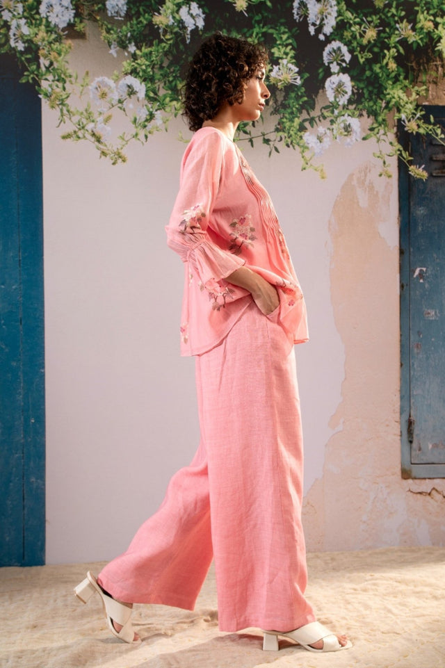 Dahlia Print Pleated Top And Flare Pant Set In Pure Chanderi And Linen - Two-Piece Set - Mizyana