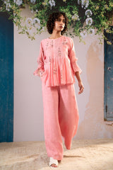 Dahlia Print Pleated Top And Flare Pant Set In Pure Chanderi And Linen - Two-Piece Set - Mizyana