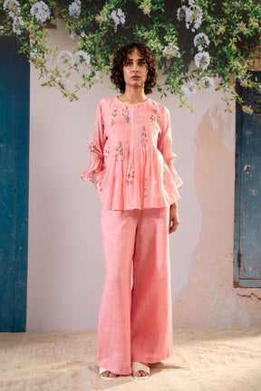 Dahlia Print Pleated Top And Flare Pant Set In Pure Chanderi And Linen - Two-Piece Set - Mizyana